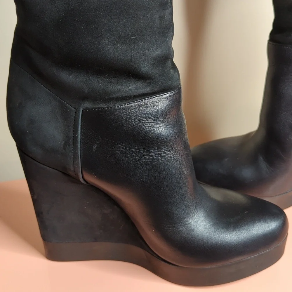 Vince Suede Nubuck Wedge Knee High Mob Wife Boots Made in Italy Black 9 US 40 EU